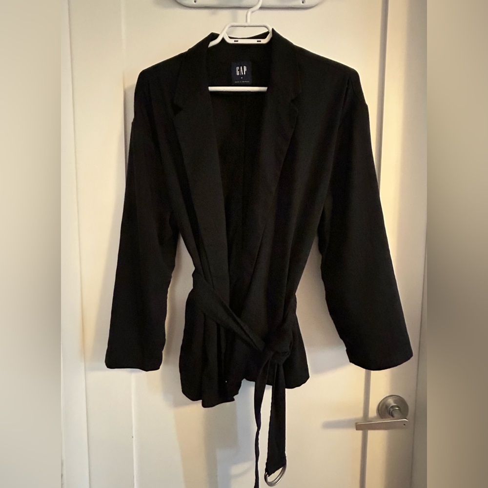 GAP Women’s Black Blazer with Tie Waist - Linen Blend